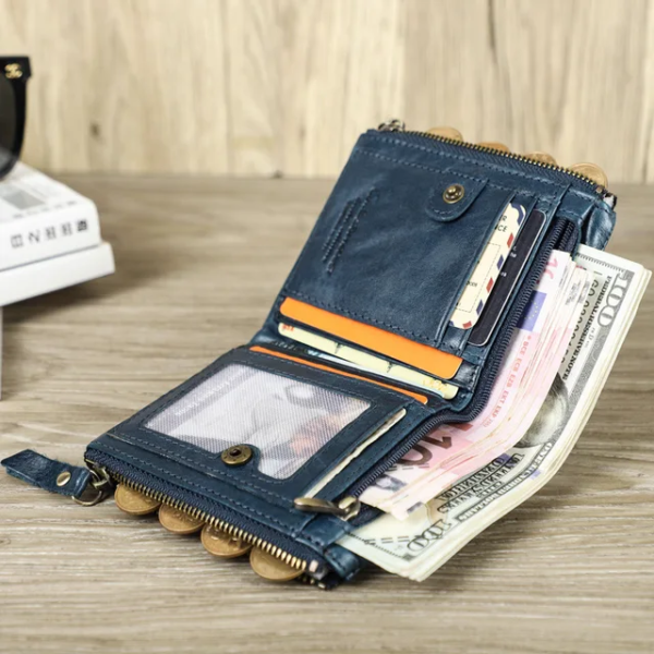 Manfig Original Cow Leather Double Ykk Zepper Wallet For Men - Image 3