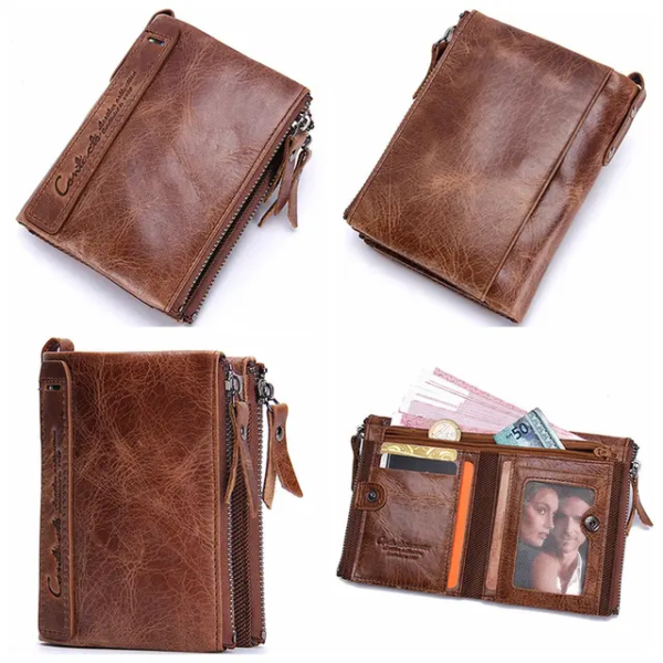 Manfig Original Cow Leather Double Ykk Zepper Wallet For Men - Image 5