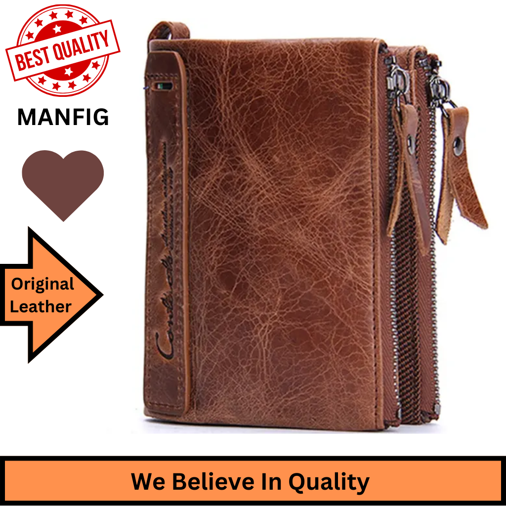 Manfig Original Cow Leather Double Ykk Zepper Wallet For Men