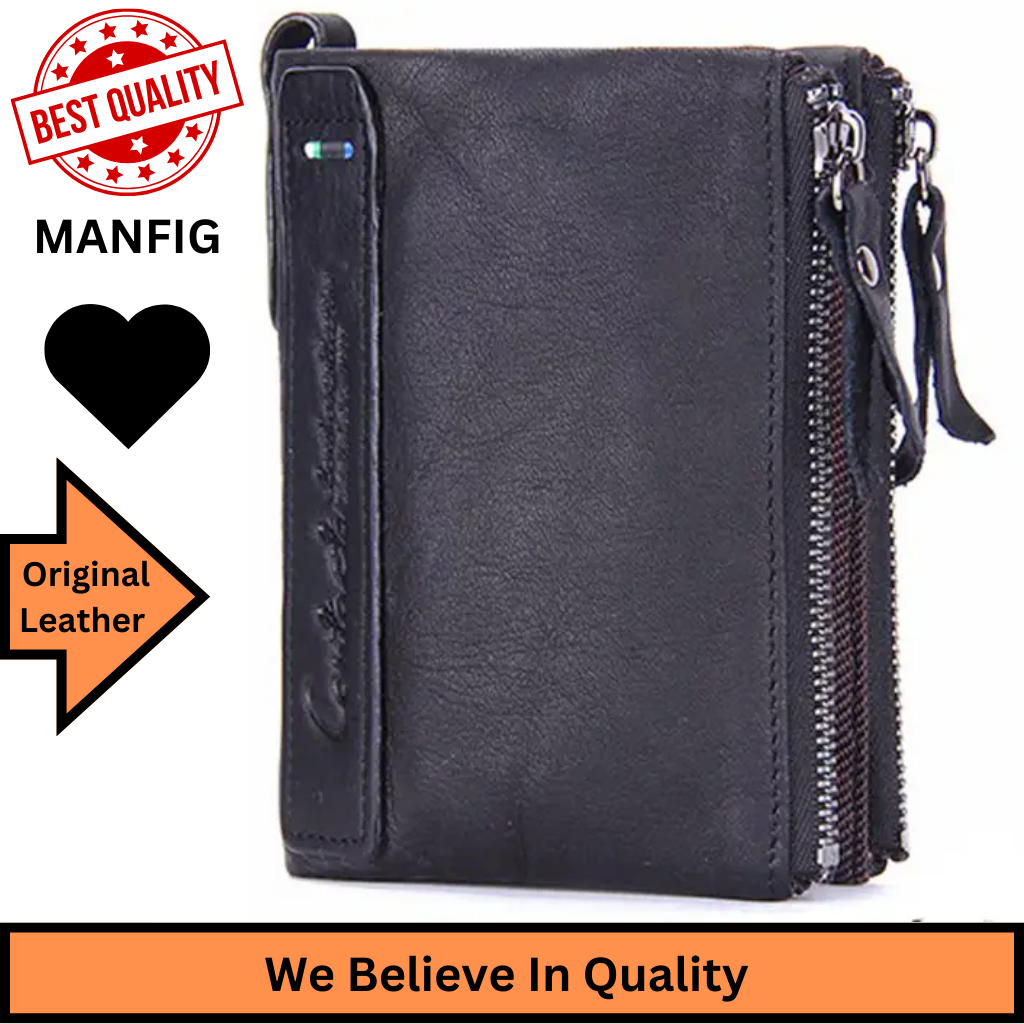 Manfig Original Cow Leather Double Ykk Zepper Wallet For Men